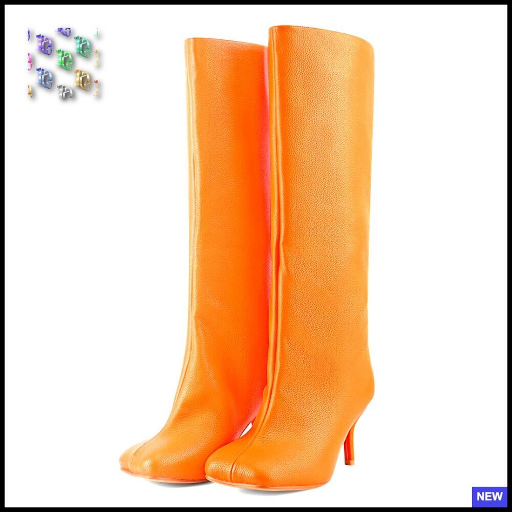 Suede Knee High Boots Wide Calf Square Toe Stiletto Heels Pull On Chic